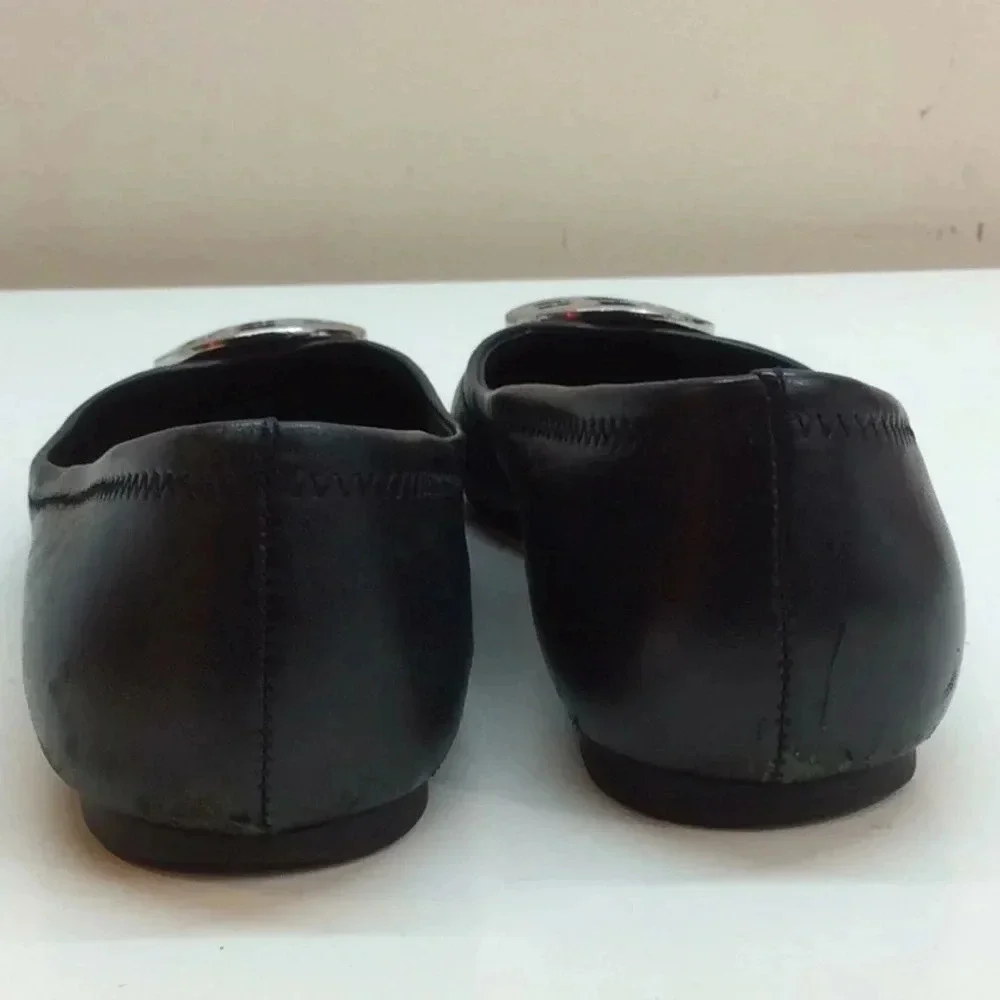 Tory Burch Black Leather Flats with Silver Logo